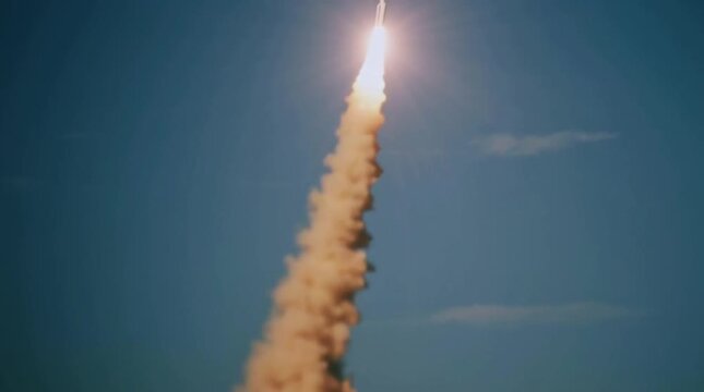 Observation and tracing of ballistic missile flight. Liftoff of combat rocket to hit the enemy base. Air attack