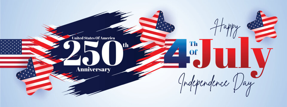 Artistic brush stroke USA 250th anniversary and Independence Day banner with vibrant patriotic colors