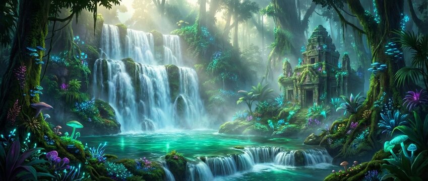 Massive magical waterfall falling into emerald water, lush tropical jungle, glowing plants, fantasy lighting, atmospheric mist, 8K fantasy landscape.