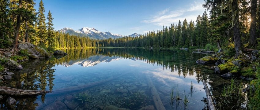 Still crystal lake reflecting mountains and sky, crystal-clear water, pine forest shoreline, hyper-detailed nature, peaceful mood, 8K resolution.