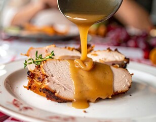 Delicious gravy being poured over perfectly roasted meat slices for a festive holiday dinner