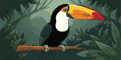 Obraz premium Colorful tropical wild toucan with a large yellow beak on a branch in the rainforest