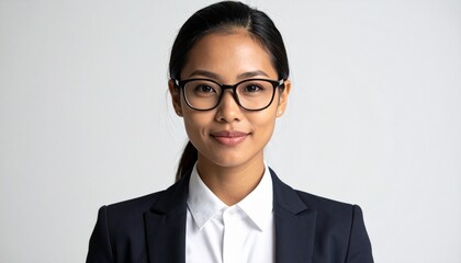 Close-Up Portrait of Professional Business Woman in Her 30s &mdash; Playful Coquettish Look, Focus on Glasses and Shoulders