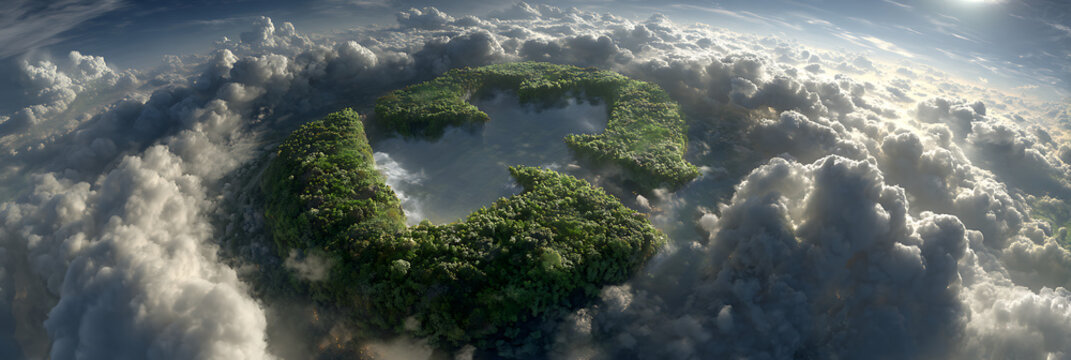 Recycling symbol shaped island made of green forest trees floating in ocean on earth, global ecology and environmental protection concept - Powered by Adobe