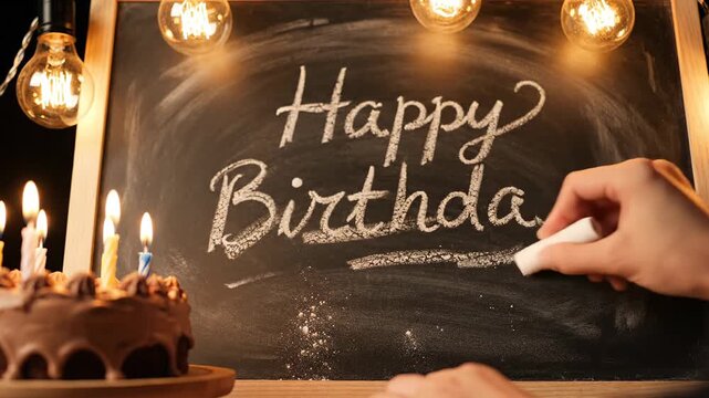 A hand writing 'Happy Birthday' on a chalkboard next to a chocolate cake with lit candles and warm string lights.