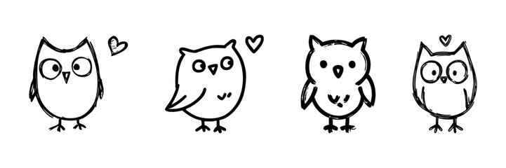 Fototapeta premium Cute Owl Line Icon Set In Doodle Style. Adorable Bird Characters With Heart Symbols Outline Sketch Collection. Whimsical And Playful Design. Hand Drawn Isolated Vector Illustration