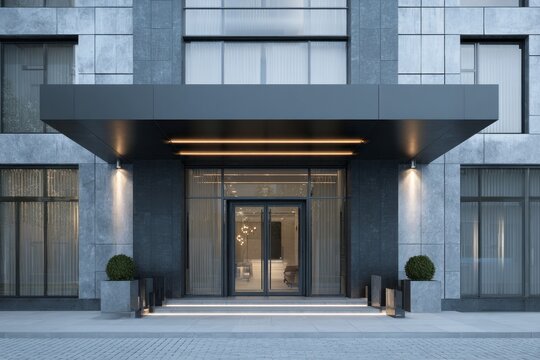 Contemporary building entrance features modern facade materials and warm illumination