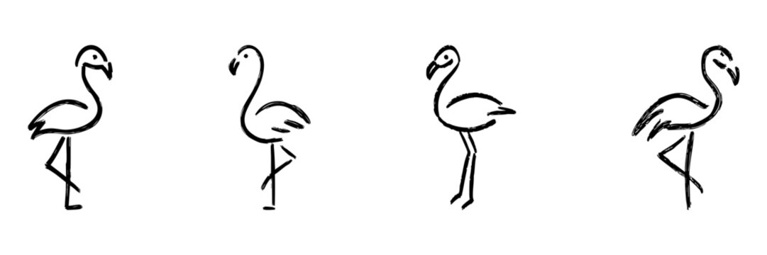 Flamingo Line Icon Set In Doodle Style. Elegant Bird, Wildlife, And Nature Symbol Outline Sketch Collection. Hand Drawn Isolated Vector Illustration