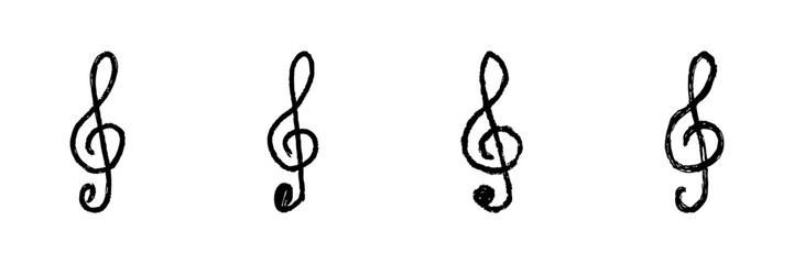 Treble Clef Music Symbol Line Icon Set In Doodle Style. Musical Notation And Sheet Music Representation Outline Sketch Collection. Hand Drawn Isolated Vector Illustration