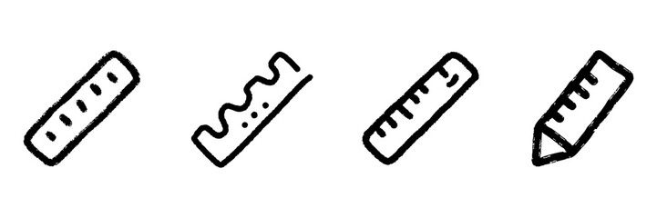 Ruler And Pencil Line Icon Set In Doodle Style. Measurement And Drawing Tools Outline Sketch Collection. Educational And Creative Design Elements. Hand Drawn Isolated Vector Illustration