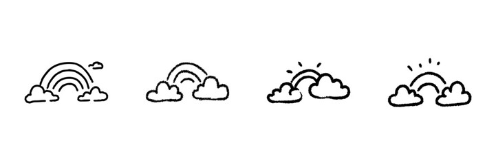 Obraz premium Rainbow And Clouds Line Icon Set In Doodle Style. Weather, Hope, And Positivity Symbols Outline Sketch Collection. Hand Drawn Isolated Vector Illustration