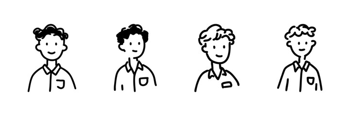 Fototapeta premium Four Male Characters Line Icon Set In Doodle Style. Diverse Male Avatars And Personalities Outline Sketch Collection. Hand Drawn Isolated Vector Illustration