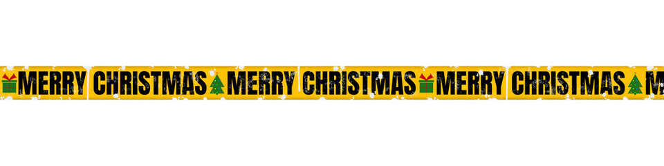 Yellow Caution Tape with Bold Black “Merry Christmas” Text – Festive Holiday Banner with Christmas Tree and Gift Icons and White Paint Splatter on Transparent Background