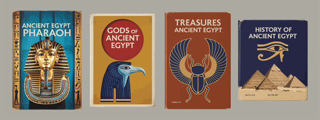 Ancient egypt pharaoh and god themed poster design templates, flat vector style with treasures, symbols, pyramids, and historical cultural artwork for advertising and educational materials.