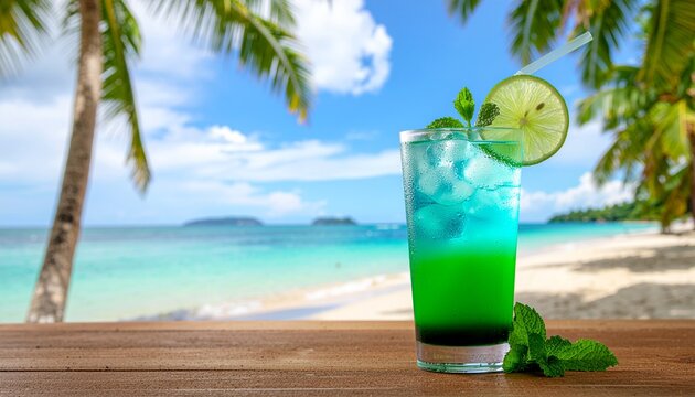 A vibrant blue-green tropical cocktail sits on a beachside table, garnished with lime and mint under a sunny, palm-framed shoreline