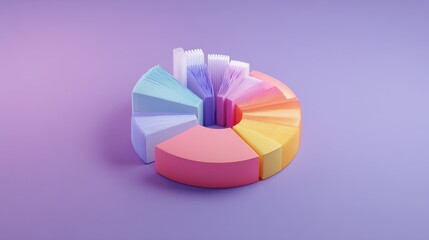 Vibrant 3D Chart Illustration on Soft Purple Background, Featuring Colorful Segments in Pink, Blue, Yellow, Orange, and White for Data Visualization