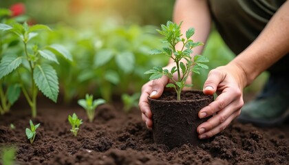 Hands plant new green seedling into dark soil in garden. Person uses biodegradable pot for growing young tomato plant. Healthy vegetable sprout begins life.
