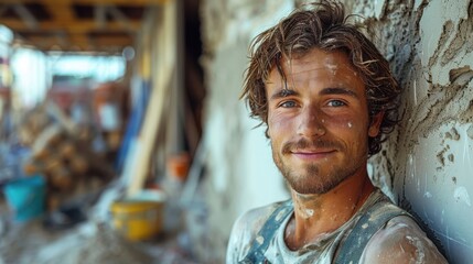 Builder wearing worn shirt, holding tool, standing in front of construction site, smiling during work.
