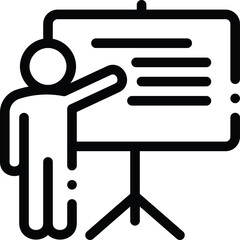 Black Outline Icon of a Person Presenting Information on a Whiteboard with Bullet Points on a Transparent Background