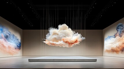 A surreal art installation featuring a large, fluffy cloud sculpture suspended from the ceiling in the center of a minimalist gallery space. Abstract, colorful