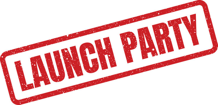 Distressed rubber stamp impression featuring an exciting celebratory message for a product debut event