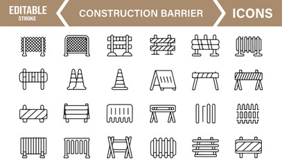 Work zone icon set featuring cones, caution barriers, and obstruction signs