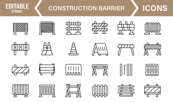 Work zone icon set featuring cones, caution barriers, and obstruction signs
