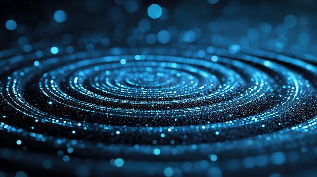 Abstract swirling blue particles forming a vortex pattern against a dark background with soft bokeh lights.