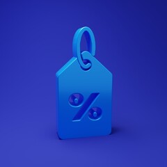 Blue Discount percent tag icon isolated on blue background. Shopping tag sign. Special offer sign. Discount coupons symbol. Minimalism concept. 3D render illustration
