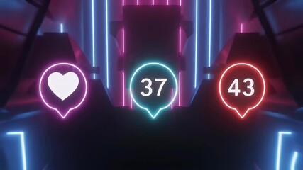 Neon social media notification icons glowing in a futuristic dark tunnel setting. - Powered by Adobe