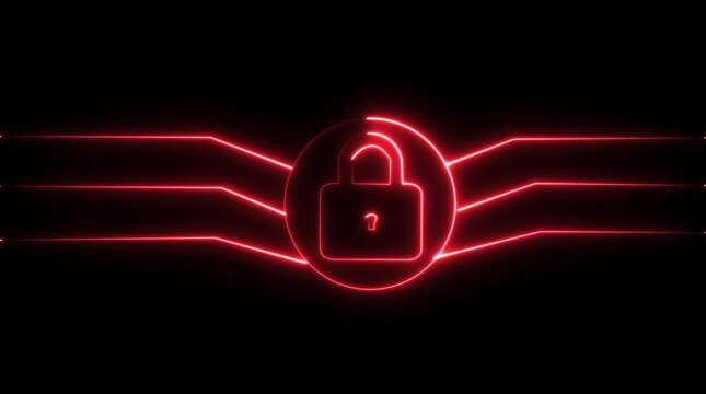 Red neon padlock icon with circuit board lines on black background security