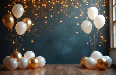 Golden and white balloons float near a dark wall with bokeh lights. A festive party backdrop for celebrations, birthdays, or weddings. Offers ample copy space for text overlay.