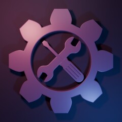 Purple Maintenance symbol - wrench and screwdriver in gear icon isolated on purple-blue background....