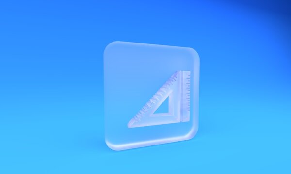 Frosted glass Triangular ruler icon isolated on blue background. Straightedge symbol. Geometric symbol. Square frosted glass button. 3D render illustration
