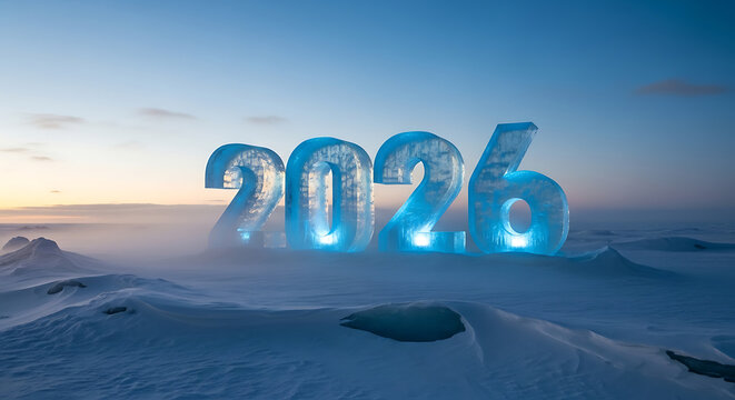 2026 ice sculptures glowing on a snowy winter landscape at twilight - Powered by Adobe