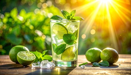 A refreshing lime-mint drink glows in the sunlight, filled with ice and fresh herbs, perfect for a summer day