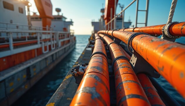 Ship installs orange pipes on seabed. Offshore vessel lays power lines at sea. Ocean engineering connects subsea infrastructure. Heavy industry at deep water.