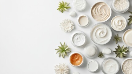 Assortment of white cosmetic creams and balms with green succulent plants and white flowers on a clean white backdrop.