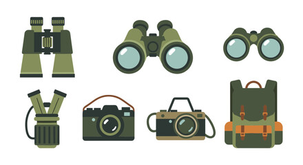 A collection of outdoor adventure equipment including various binoculars, two classic cameras, and a sturdy backpack, all depicted in a flat graphic style.