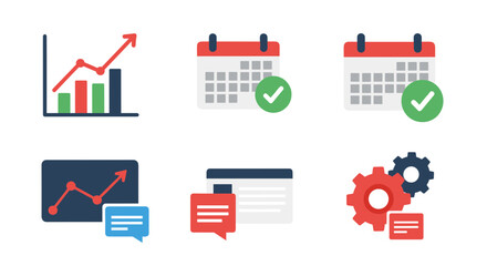 Collection of flat-design business icons including charts, calendars, speech bubbles, and gears, illustrating concepts.