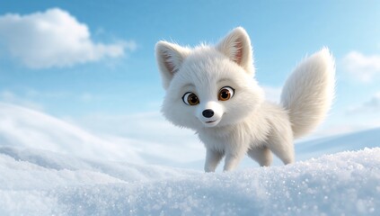 Cute White Fox Character in Snowy Landscape with Blue Sky Background