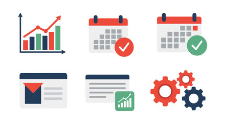 A collection of flat design icons representing business concepts: growth chart, calendars with checkmarks, email, website, and gears.