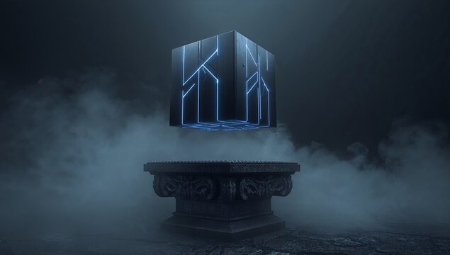Futuristic Floating Cube with Glowing Lines in Mystical Environment