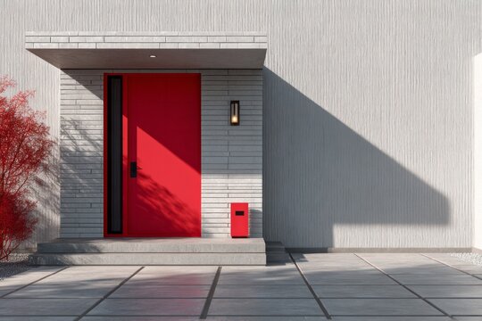 Bright red entrance door contrasts sharply with textured gray exterior walls and concrete walkway