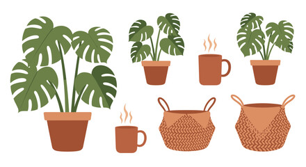 Illustration of potted Monstera plants, steaming mugs, and woven baskets arranged on a white background, suggesting a cozy, indoor setting.