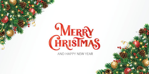 Christmas tree corner border with glitter ornaments, holly berries. Merry Christmas calligraphy lettering. Shiny glowing vector garland for elegant festive design.