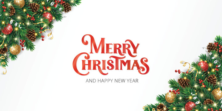 Christmas tree corner border with glitter ornaments, holly berries. Merry Christmas calligraphy lettering. Shiny glowing vector garland for elegant festive design.