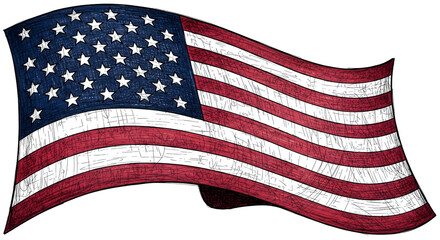Hand- Drawn American Flag Waving With Textured Effect Keywords: american flag, usa flag, stars