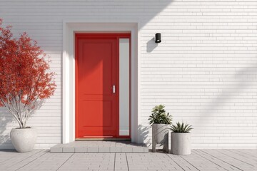 Bright red entrance door contrasts sharply with a modern white brick exterior wall