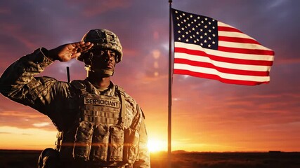 Soldier salutes American flag at sunset. - Powered by Adobe